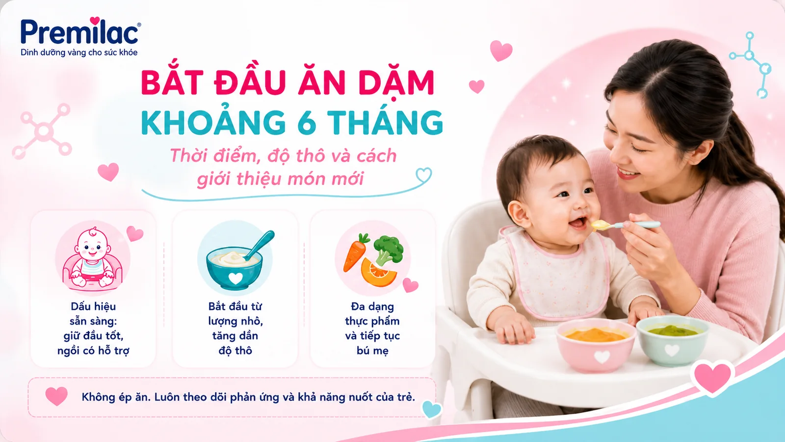 Bắt đầu ăn dặm khoảng 6 tháng: Thời điểm, độ thô và cách giới thiệu món mới